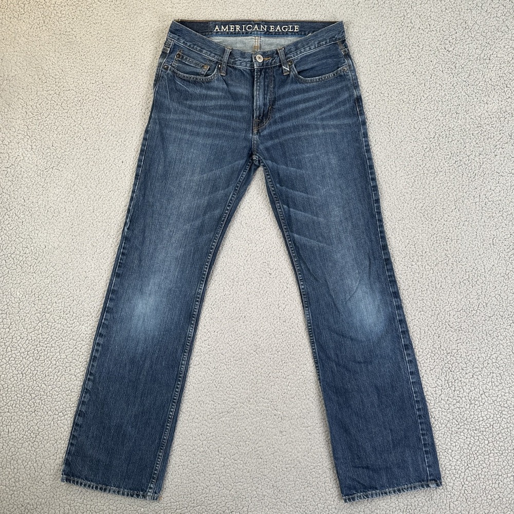 American Eagle Original Bootcut Jeans Men 30x34 Blue Dark Wash Whiskered Fade